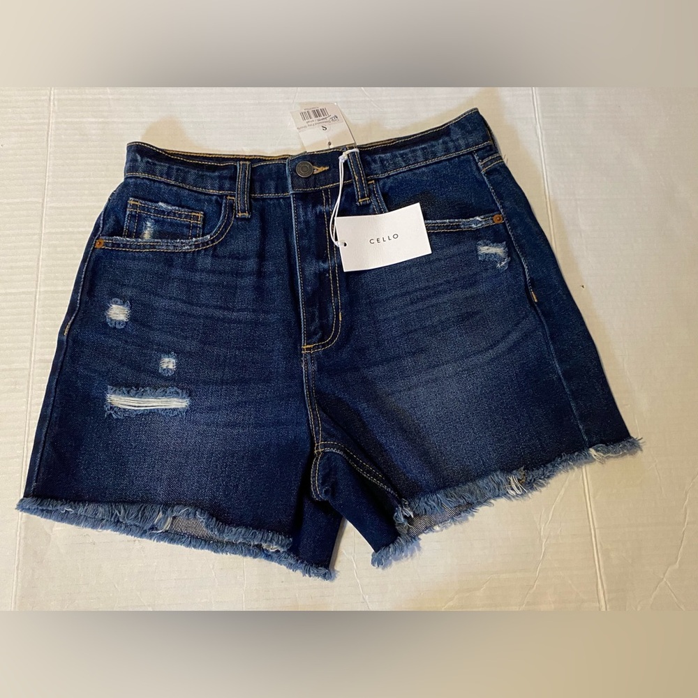 Cello Small high rise dark wash blue Distressed Frey  shorts cut offs NEW
